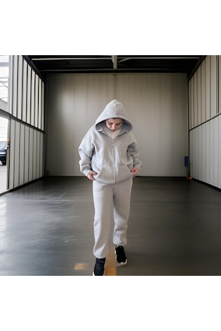 Ceyss Design Unisex Üç İplik Şardonlu Kapüşonlu Hırkalı Eşofman Takımı-açık Gri Açık Gri