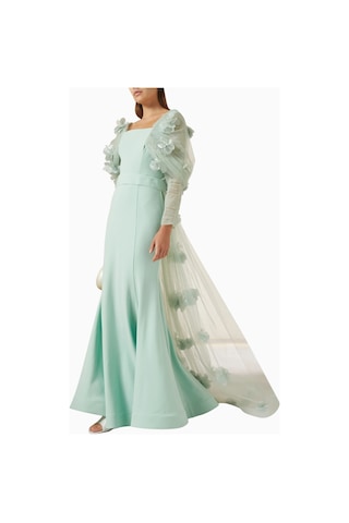 Ac By Aanchal Chanda 3d Floral - Applique Çiçek Aplikeli Uzun Kuyruklu Kadın Elbise Yeşil