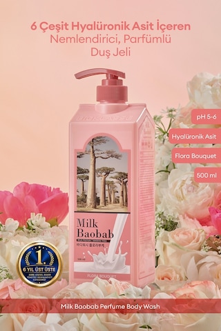 6 Hyalüronik Asit İle Nemlendiren Parfümlü Duş Jeli Mılk Baobab Perfume Body Wash Flora Bouquet Gül