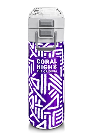 Coral High Kız Çocuk İçin 500 Ml'lik Paslanmaz Çelik Termos/suluk - Mor Beyaz Geometrik Desenli Çok Renkli
