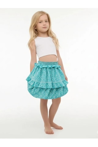 Kız Çocuk Çiçek Desenli Balon Etek-15849 Yeşil