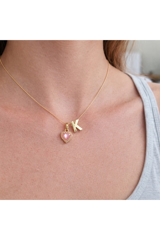 14k Altın Renginde K Harf Pembe Kalpli Minimal Çelik Kadın Kolye Altın