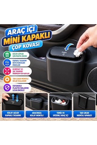 Araç İçi Takılarak Sabitlenebilen Mini Kapaklı Çöp Kovası 15x25cm