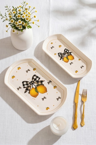 Porsima Lemon Porselen 2li Kayık Tabak Seti - Oval Kahvaltılık Sunumluk Seti Beyaz