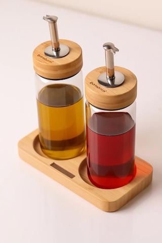 Bambu Kapaklı Cam Yağlık & Sirkelik Seti 2'li Standlı 200ml Şeffaf