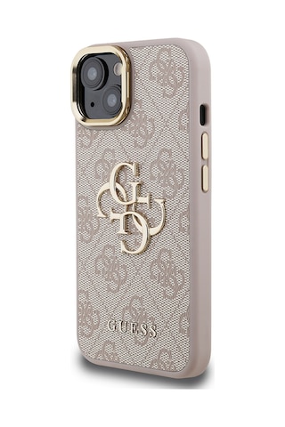 Apple Uyumlu iPhone 15 Kılıf Guess Lisanslı Metal 4g Ve Yazı Logolu Kamera Standlı Kapak Pembe
