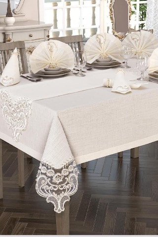 Crown Linen Fransız Güpürlü Masa Örtüsü Takımı 26 Parça Krem