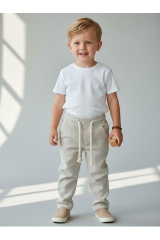 Zekids Erkek Çocuk Desenli Keten Pantolon-16807 Yeşil