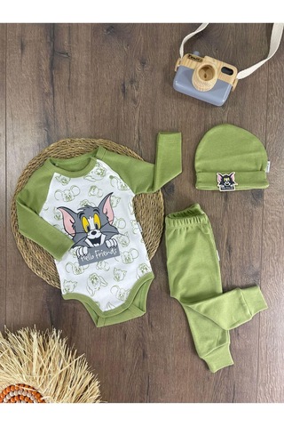 2d2b Hello Friends Alttan Çıtçıtlı Bereli Unisex 3lü Bebek Takım Yeşil