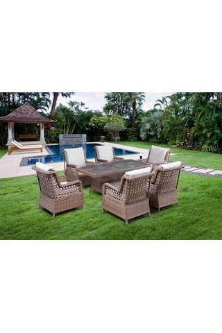 Omit Pazar Fırat 6kişilik Kahverengi Örgü Rattan Oturma Grubu Minderli & 90x160cm Masa Takımı