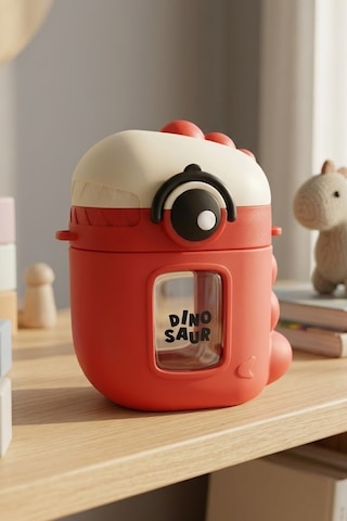 Dinazor Şekilli Silikon Kılıflı Askılı Pipetli Sızdırmaz Suluk 500 Ml Kırmızı