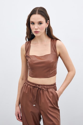 Sateen Kare Yaka Deri Crop - Kahve-135668 Kahve