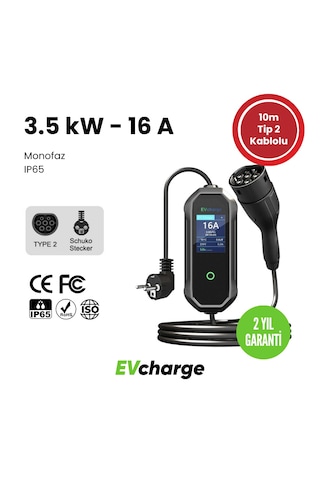 Evcharge 3.5kw 16a Elektrikli Araç Şarj Cihazı,10mt Tp2 Kablolu, Taşıma Çantası 3.5 Kw