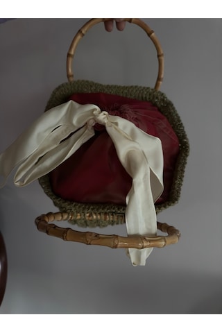 Kağıt Ip Örme Çanta / El Örgüsü Kol Çantası / Nefti Yeşil Renkli Astarlı Çanta/bambu Saplı Çanta Yeşil