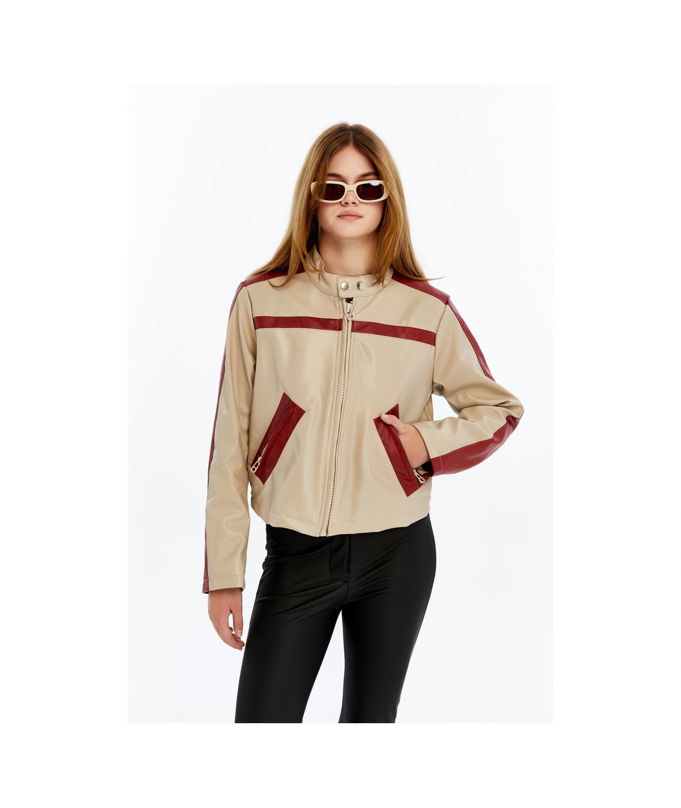 Kadın Şeritli Deri Ceket Günlük Kullanım Niş Özgün Tasarım Mont Fermuarlı Standart Bomber Ceket Bej