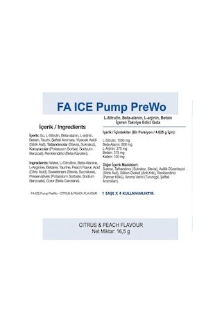 Fa Nutrition Ice Pump Pre-workout Icy Citrus & Peach 16,5 Gr 1 Saşe 2 Kullanım 10 Adet Şeftali