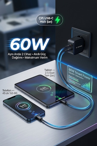 60w Çift Portlu Usb-c Girişli Akıllı Hızlı Şarj Adaptör Kablo Seti - Pd Ve Qc Destekli