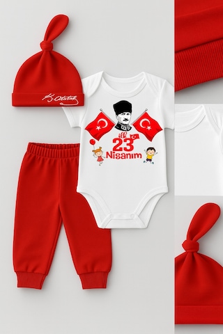 Babyden's İlk 23 Nisan Bayramı Bebek Takımı Atatürk Baskılı %100 Pamuk Kısa Kollu Body Pantolon Şapka Seti Kırmızı - Beyaz
