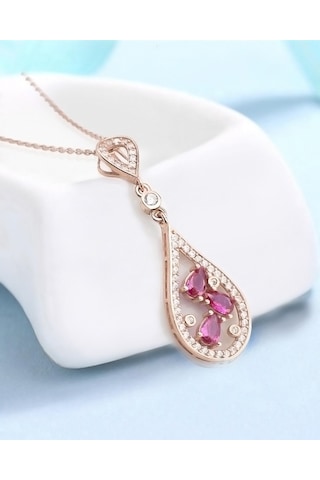 Brezza Lusso Jewelry Rubalit Turmalin Rose Gold Histryum Kadın Gümüş Kolye 45 CM 45 CM