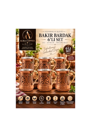 6 Lı Ağır El İşlemeli Bakır Ayran Bardağı Seti 400 Ml İçi Kalaylı Kulplu Su Meşrubat Bardağı Kupa - Bakır Bileklik Hediyedir Trs-0163