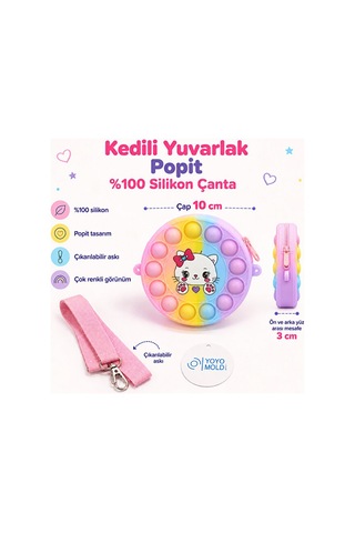 %100 Silikon Yuvarlak Çok Renkli Kedili Popit Çanta
