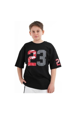 Çocuk 23 Yazılı Oversize Pamuklu T-shirt-16013 SIYAH