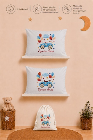 Erkek Bebek İsme Özel Hediye Seti 2 Adet %100 Pamuk 35x45 Yastık Kılıfı Ve Ham Bez Kıyafet Kesesi 2059y2kyx
