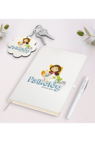 Kişiye Özel Psikolog Beyaz Defter Kalem Ve Anahtarlık Seti N11.10821
