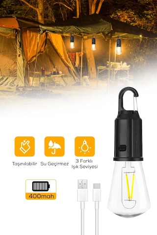 Volemi V-012 Taşınabilir Usb Şarjlı Led Ampul Outdoor Kamp Bahçe Lambası Askılı Kırılmaz Led Işık