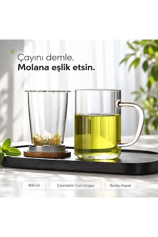 2 Li Cam Süzgeçli Bambu Kapaklı Borosilikat Kupa 400 Ml Kulplu Bitki Çayı Demleme Ve Sunum Bardağı Şeffaf