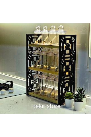 12 Li Baharatlık Takımı Ahşap Siyah Standlı Mika Vakum Kapaklı Siyah