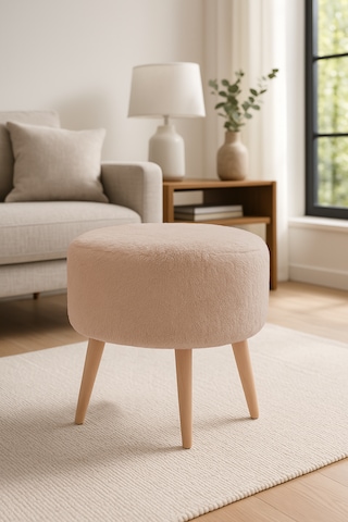 Yuvarlak Puf - 40cm - Welsoft Kumaş - Vizon