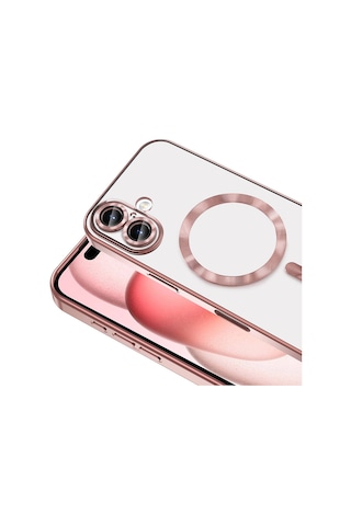 Apple Uyumlu iPhone 17 Pro Max İçin Magsafe İle Kılıf Kamera Lensli Korumalı Şeffaf Silikon Kapak Rose Gold