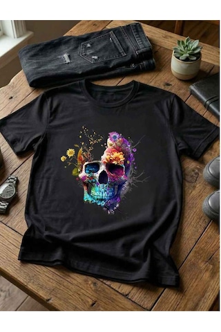 Beyaz / Siyah Kadın Bisiklet Yaka Renkli Çiçekli Kurukafa Baskılı Pamuklu T-shirt Siyah