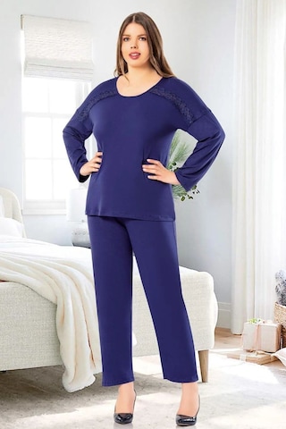 Faal 8809 Kadın Büyük Beden Uzun Kollu Dantel Detaylı Pijama Takım-lacivert Lacivert