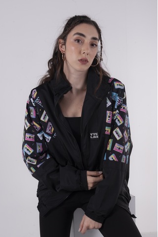 Erkek Kadın Siyah Beyaz Kaset Desenli Bomber Siyah