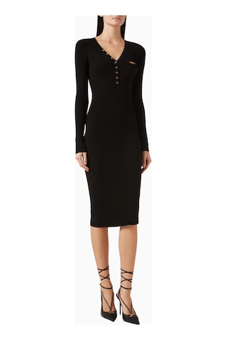 Elisabetta Franchi Ribbed Midi Triko Elbise, Lüks Günlük Şıklık Siyah