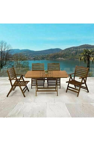 Ürgüp Katlanır Ahşap Bahçe Balkon Seti: 80X160 Masa + 4 Sandalye