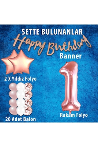 Rose Gold Konsept 1 Yaş Doğum Günü Kutlama Seti; Beyaz Gold Konfetili Balon, Rakam Yıldız Folyo ve Banner
