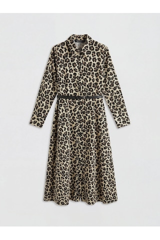 LC Waikiki Kahverengi Leopar Desenli Kemerli Poplin Gömlek Elbise