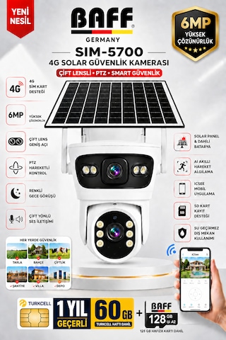 Sım-5700 6mp 4g Sım Kartlı Solar Güvenlik Kamerası Çift Lens Ptz Renkli Gece Görüşlü + 60gb Sım Kart Ve 128gb Hafıza Kartı Dahil