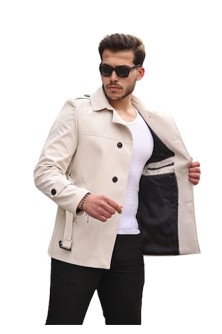 Mero Life Erkek Mevsimlik Astarlı Kemerli Kruvaze Trençkot - Taş  Rengi Taş