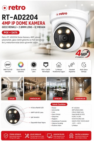 Retro Rt-ad2204 4mp Ip Poe 2.8mm Gece Renkli İç Mekan Dome Kamera
