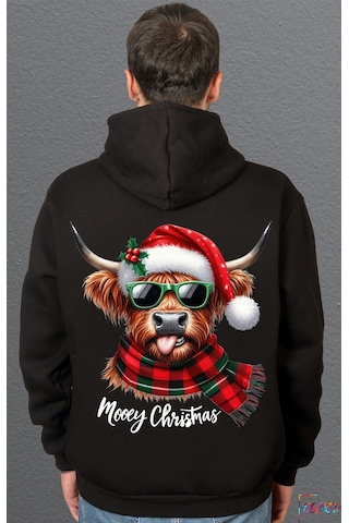 Bumeta Mooey Christmas Boğa Desenli Sweatshirt Unisex Kapüşonlu Hoodie Siyah
