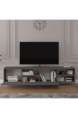 Asra Trend Tv Ünitesi T-21 %100 MDF 200 cm Büyük Boy Tv Sehpası Dolaplı Raflı Koyu Gri