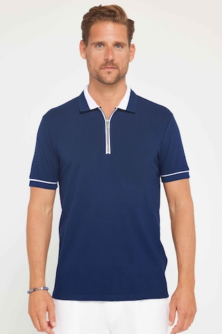 Tudors Erkek Slim Fit Dar Kesim %100 Pamuk Düz Pike Fermuarlı Lacivert Polo Yaka Tişört-31109 Lacivert