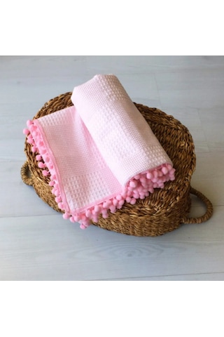 Waffle Desenli Ponponlu Bebek Pike Battaniye Pembe 100x115