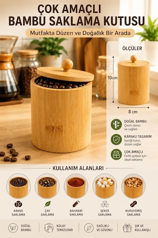 3 Lü Bambu Saklama Kutusu Kapaklı Kahve Çay Şeker Baharat Kavanozu Mutfak Düzenleyici 10x8 Cm