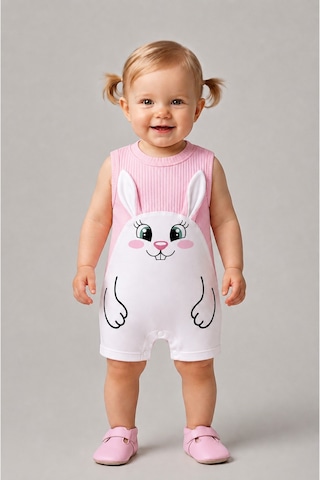 Babyden's Kız Bebek Tulum Yazlık %100 Pamuk Ribana Kolsuz Tavşan Baskılı Çıtçıtlı Bebek Tulumu 0-9 Ay Pembe
