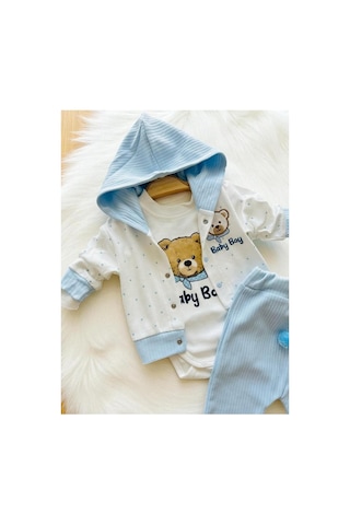 Minicayzen %100 Pamuk Kapüşonlu Hırka Pantolon Body 3'lü Erkek Bebek Takımı Mavi Mavi